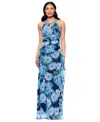 BETSY & ADAM BETSY & ADAM WOMEN'S PRINTED MESH HALTER-NECK SLEEVELESS GOWN