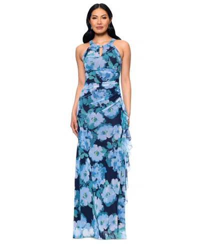 Betsy & Adam Women's Printed Mesh Halter-neck Sleeveless Gown In Multi