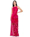 Betsy & Adam Metallic Stripe Floral Ruffle Chiffon Gown In Fushcia,poppy
