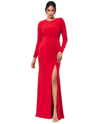 Betsy & Adam Women's Ruched Long-sleeve Slit Gown In Red