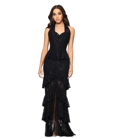 Betsy & Adam Women's Ruffle Tiered Lace Gown In Black