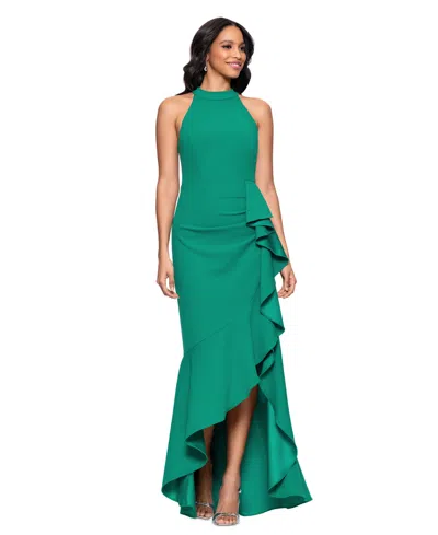 Betsy & Adam Women's Ruffled High-low Halter Neck Gown In Green