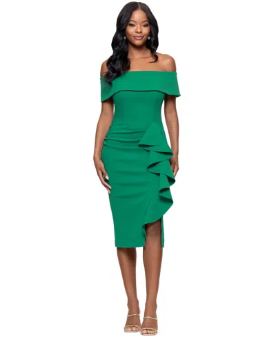 Betsy & Adam "kourtney" Scuba Crepe Off The Shoulder Ruffle Midi Dress In Green