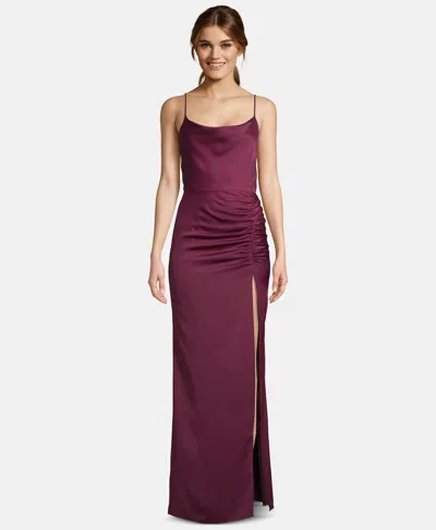 Betsy & Adam Women's Satin Ruched Slit Gown In Raisin In Burgundy