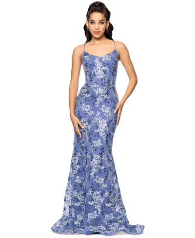 Betsy & Adam Women's Sequin Embroidered Mesh Sleeveless Gown In Blue Multi
