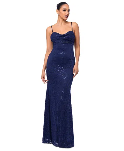 Betsy & Adam Women's Sequin Lace Draped Sleeveless Gown In Navy