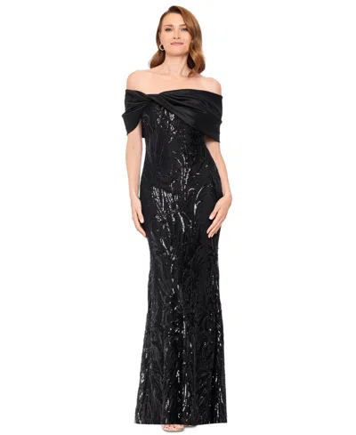 Betsy & Adam Women's Sequin Off-the-shoulder Gown In Black