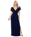 Betsy & Adam Embellished Flutter Sleeve Sheath Gown In Navy