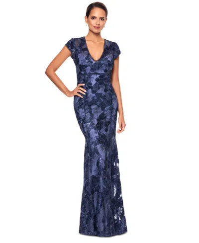 Betsy & Adam Women's Sequin Soutache V-neck Mermaid Gown In Navy