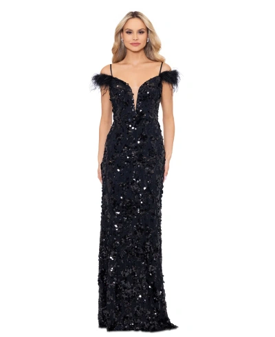 Betsy & Adam Women's Sequined Feather-trim Gown In Black