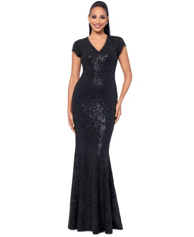 Betsy & Adam Women's Sequined Lace Cap-sleeve Gown In Black