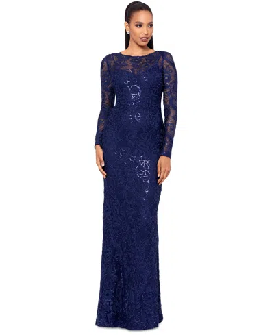 Betsy & Adam Women's Sequined Lace Long-sleeve Gown In Navy