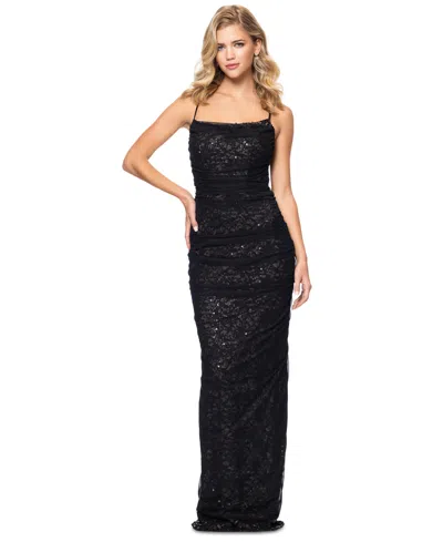 Betsy & Adam Women's Sequined Lace Ruched Gown In Black,nude