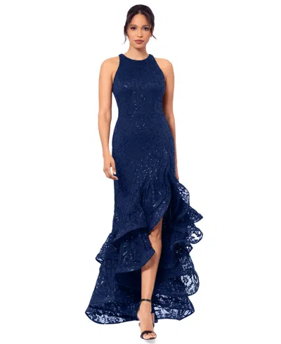 Betsy & Adam Women's Sequined Lace Ruffle-hem Gown In Navy