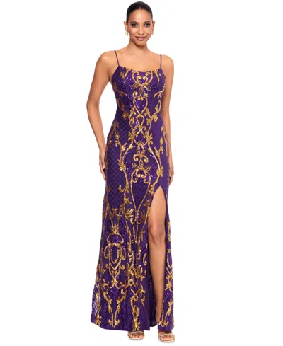 Betsy & Adam Petite Scoop-neck Beaded Sequin Gown In Purple,gold