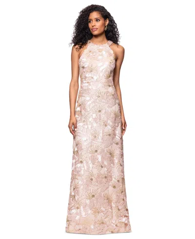 Betsy & Adam Women's Sequined Soutache Halter Gown In Champagne