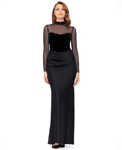 Betsy & Adam Women's Short Scuba Crepe With Drape Back Velvet Long-sleeve Mesh Gown In Black