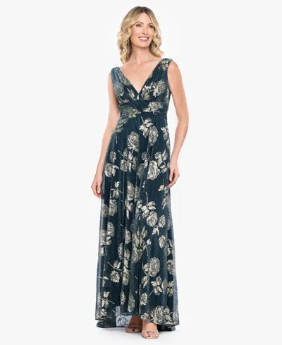 Betsy & Adam Women's Sleeveless V-neck Metallic Floral Gown In Multi