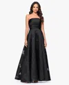 Betsy & Adam "ellie" Organza Brocade Strapless Floor Length Gown In Black