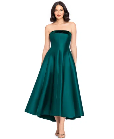 Betsy & Adam Women's Strapless Mikado With Velvet Stripe High Low Fit & Flare Dress In Blue
