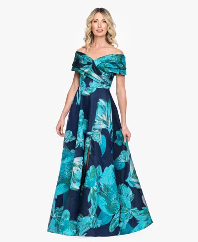 Betsy & Adam Women's Strapless Off-the-shoulder Floral A-line Ball Gown In Blue