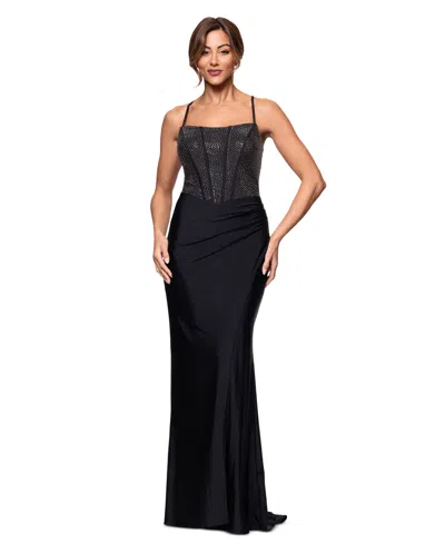 Betsy & Adam Women's Studded Square-neck Sleeveless Gown In Black,gunmetal