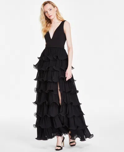 Betsy & Adam Women's Tiered Long V-neck Gown In Black