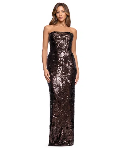 Betsy & Adam Women's Tyler Strapless Sequin Long Gown In Brown