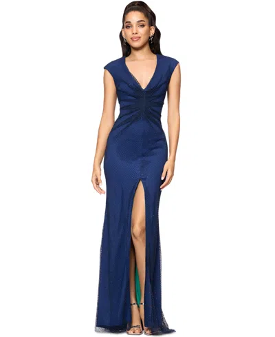 Betsy & Adam Women's V-neck Rhinestone-mesh Long Bodycon Dress In Navy