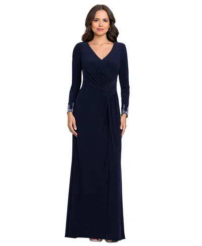Betsy & Adam Women's V-neck Gown With Embellished Cuff In Navy