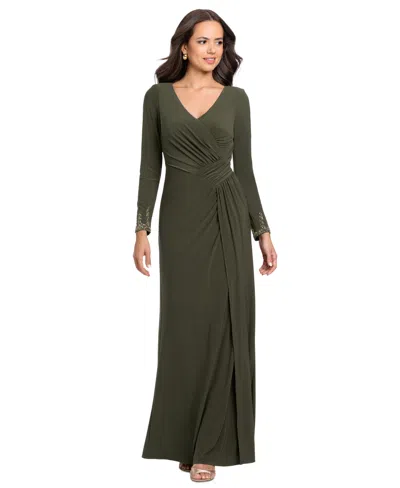 Betsy & Adam Women's V-neck Gown With Embellished Cuff In Olive