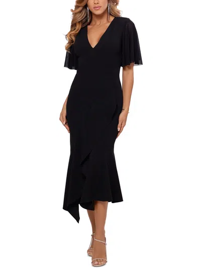 Betsy & Adam Womens Asymmetric Midi Fit & Flare Dress In Black
