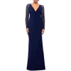 Betsy & Adam Petite Mesh-sleeve V-neck Evening Gown In Multi