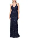 Betsy & Adam Illusion Sequin Coulmn Gown In Blue