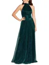 Betsy & Adam Metallic Sleeveless Halter Neck Open Back Gown In Blue