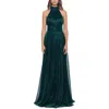 Betsy & Adam Metallic Sleeveless Halter Neck Open Back Gown In Blue