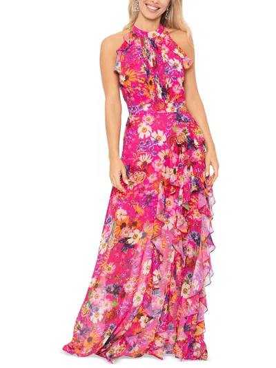 Betsy & Adam Womens Pintuck Maxi Evening Dress In Pink Multi