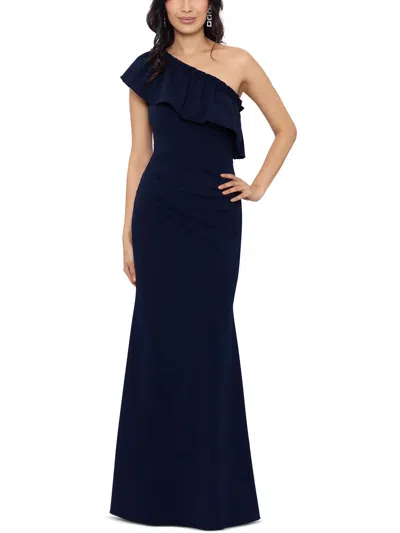 Betsy & Adam Womens Ruffle Trim Long Evening Dress In Blue