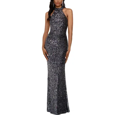 Betsy & Adam Womens Sequined Long Evening Dress In Black