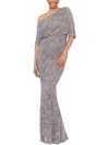 Betsy & Adam One-shoulder Sequin Lace Gown In Grey