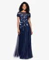 Betsy & Adam "aubrey" Mesh Sequin Embellished Short Sleeve Floor Length Dress In Blue