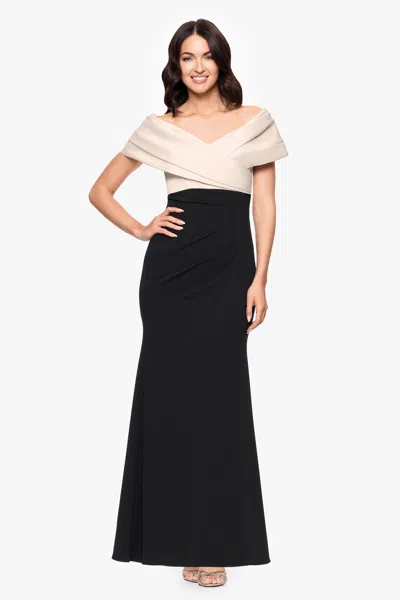Betsy & Adam "yasmeen" Long Off The Shoulder Scuba Crepe Gown In Black