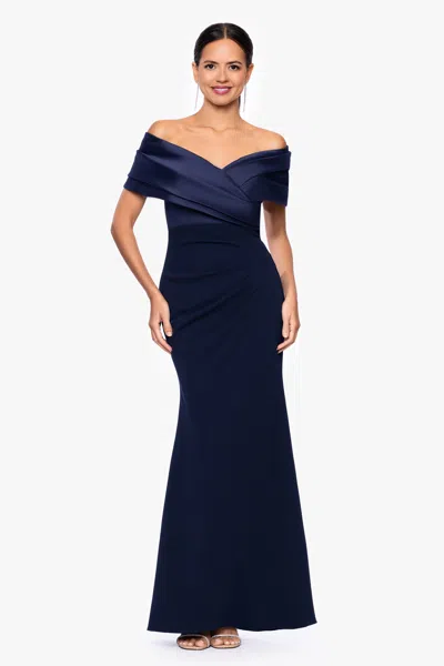 Betsy & Adam "yasmeen" Long Off The Shoulder Scuba Crepe Gown In Blue