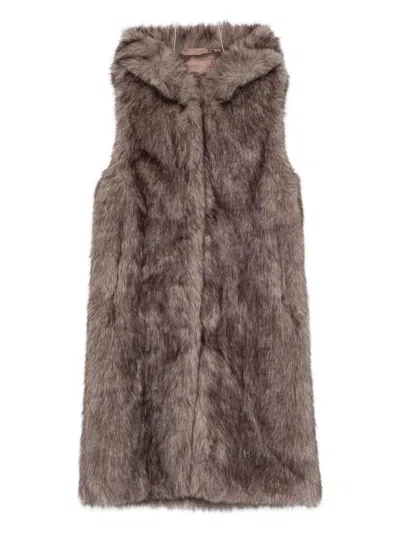 Betta Corradi Hooded Sleeveless Coat In Plush Faux Fur In Brown