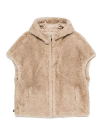 BETTA CORRADI BEIGE FAUX FUR VEST WITH HOOD