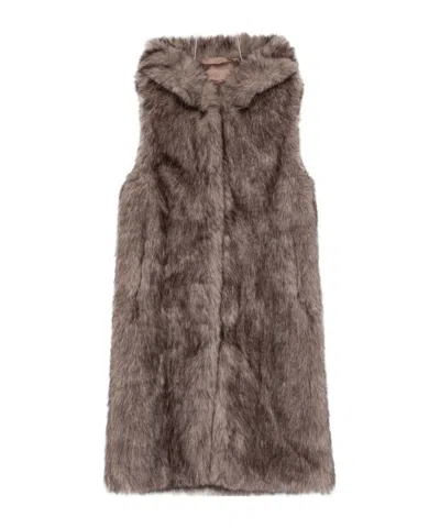 Betta Corradi Hooded Sleeveless Coat In Plush Faux Fur In Brown