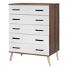 Better Home Products Eli Mid-century Modern 5 Drawer Chest In Walnut & White