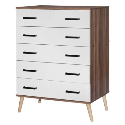 Better Home Products Eli Mid-century Modern 5 Drawer Chest In Walnut & White In Gray