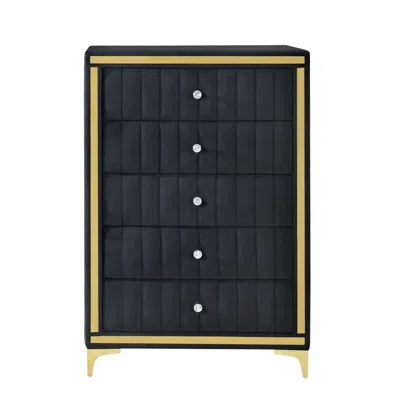 Better Home Products Upholstered 5-drawer Chest Dresser With Gold Legs And Gold Trim In Black