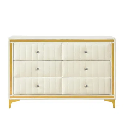 Better Home Products Velvet 6 Drawer Dresser With Gold Legs And Trim In White